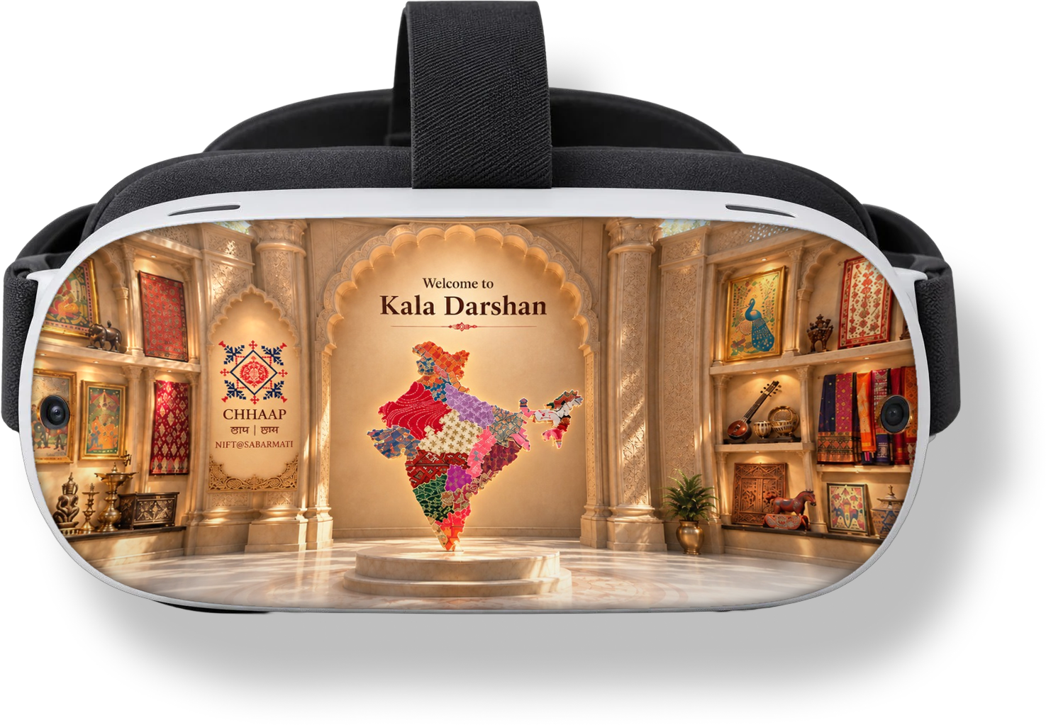 VR headset showing a virtual craft gallery in a heritage palace courtyard