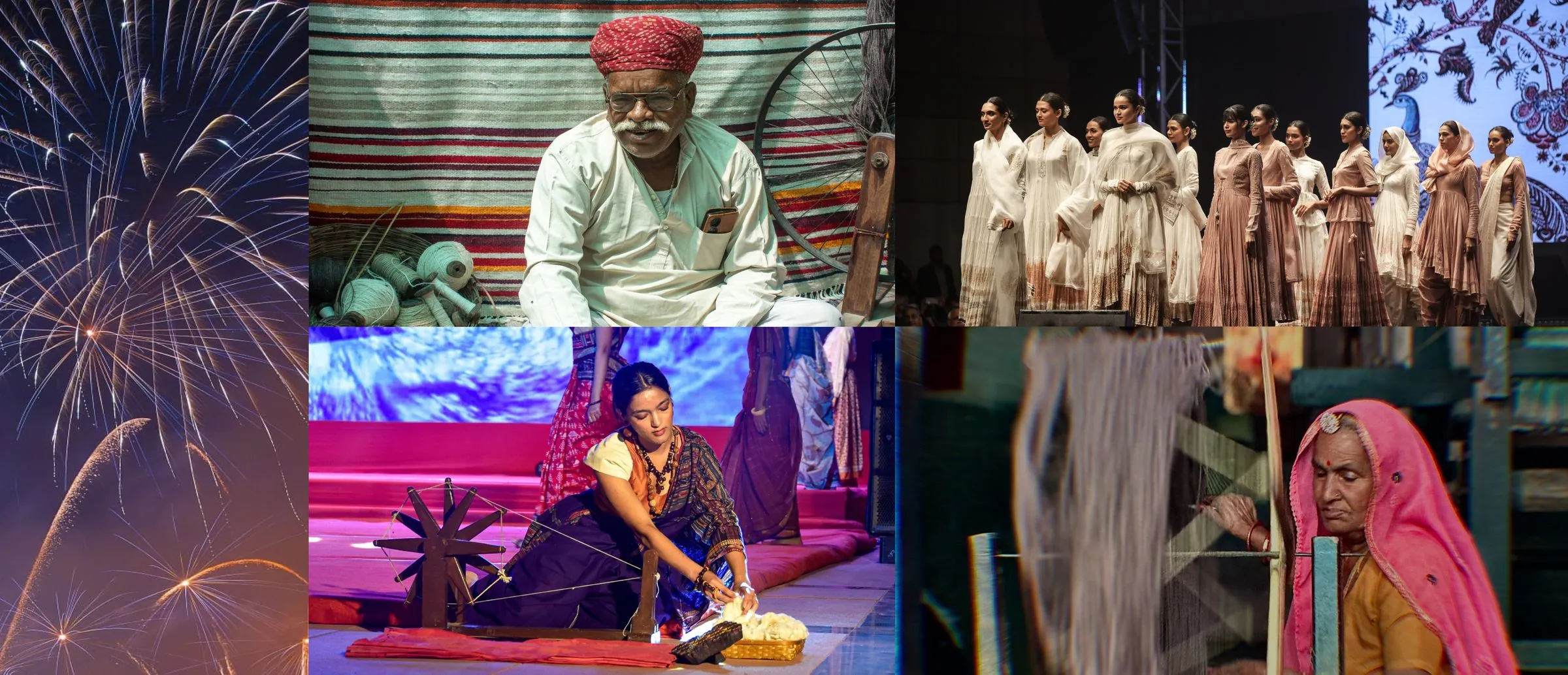 Artisans at the charkha and loom, and a handloom fashion showcase on the ramp