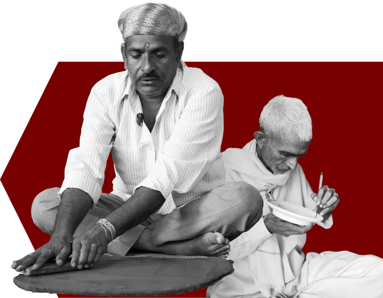 Artisans at work: a craftsman shaping clay on a stone slab and an elder painting a bowl