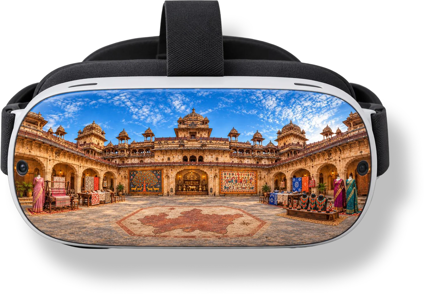 VR headset showing a virtual craft gallery in a heritage palace courtyard