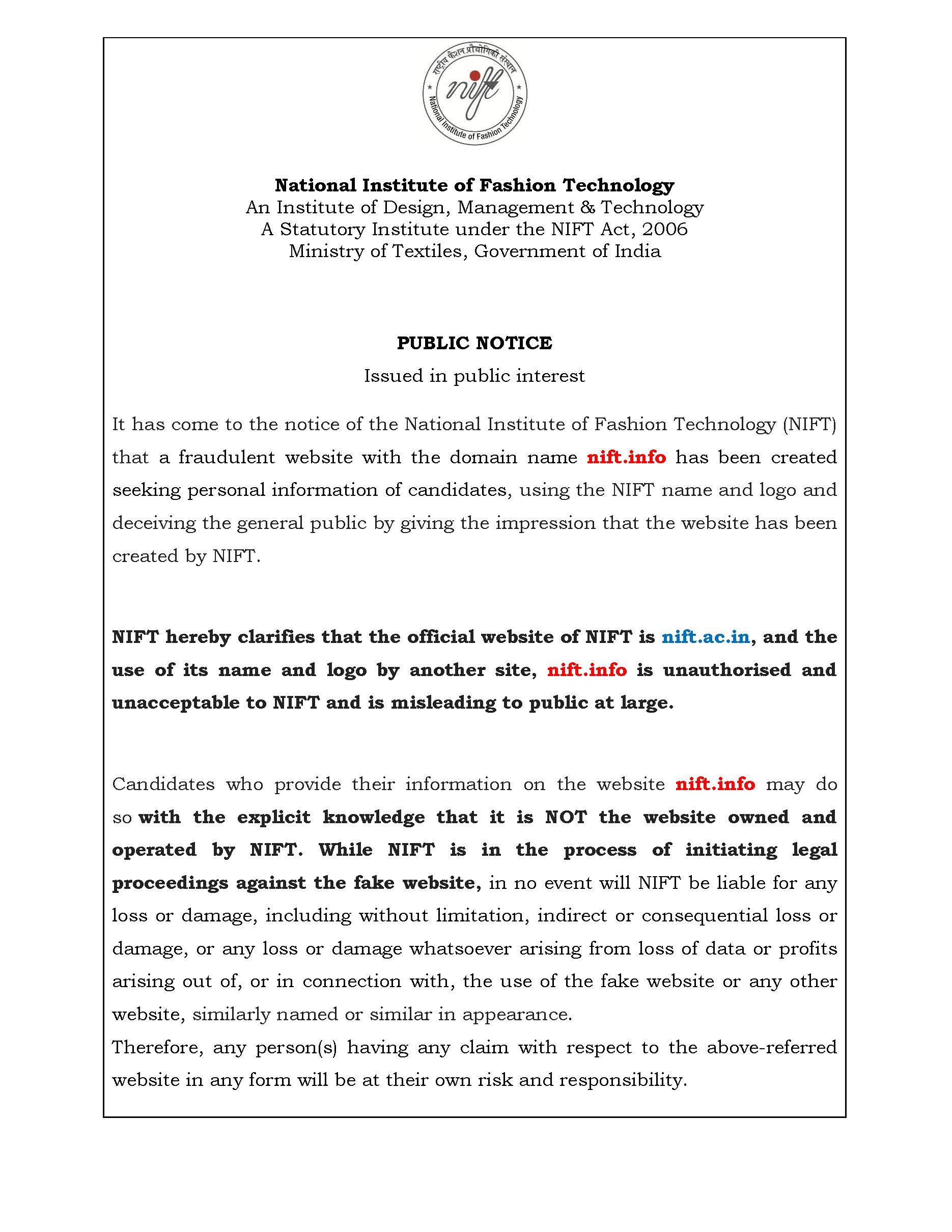 Public Notice reg NIFT website