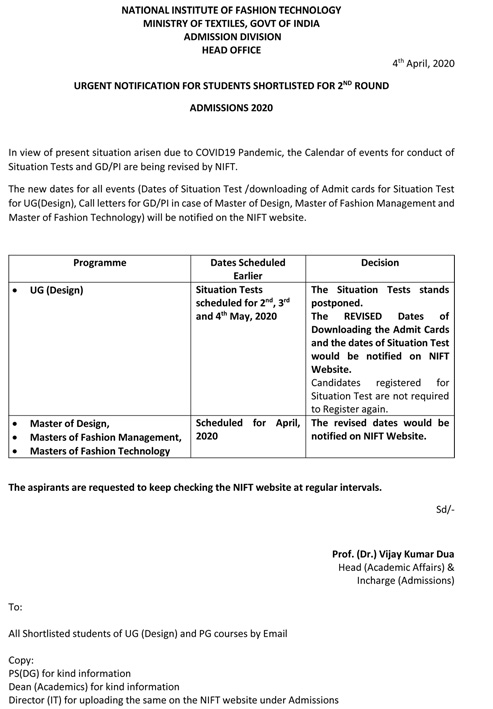POSTPONEMENT OF SITUATION TEST /GD/PI-ADMISSIONS 2020
